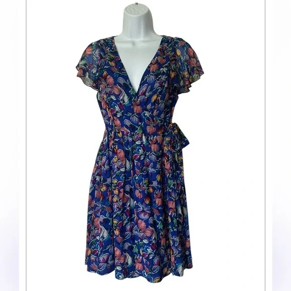 Moulinette Seours Silk Blue Floral Wrap Dress Anthropologie Excellent Size 0 - Picture 1 of 10